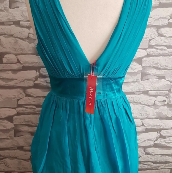 NEW MONSOON 100% Silk turquoise blue Puffball Dress Balloon Hem embellished 10uk - Picture 8 of 14